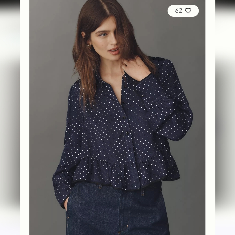 Maeve By Anthropologie Silky Ruffle‎ Button Down Shirt Blouse Polka Dot Top